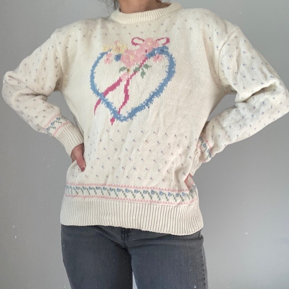 Eddie Bauer Sweaters - Vintage Eddie Bauer Blue + Pink + White Knit Crewneck Ski Sweater